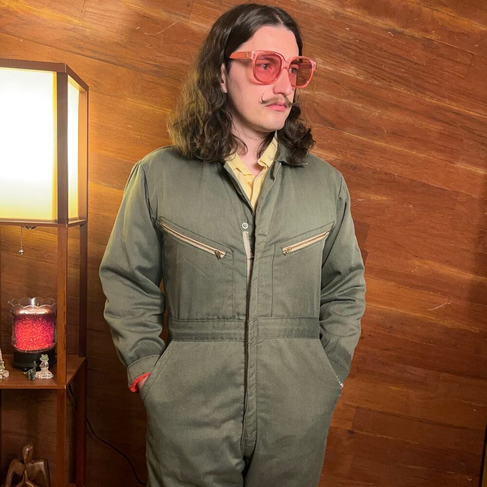 VINTAGE 80s Big Smith Coveralls Quilted Size 38 Short Green Distressed Mechanic